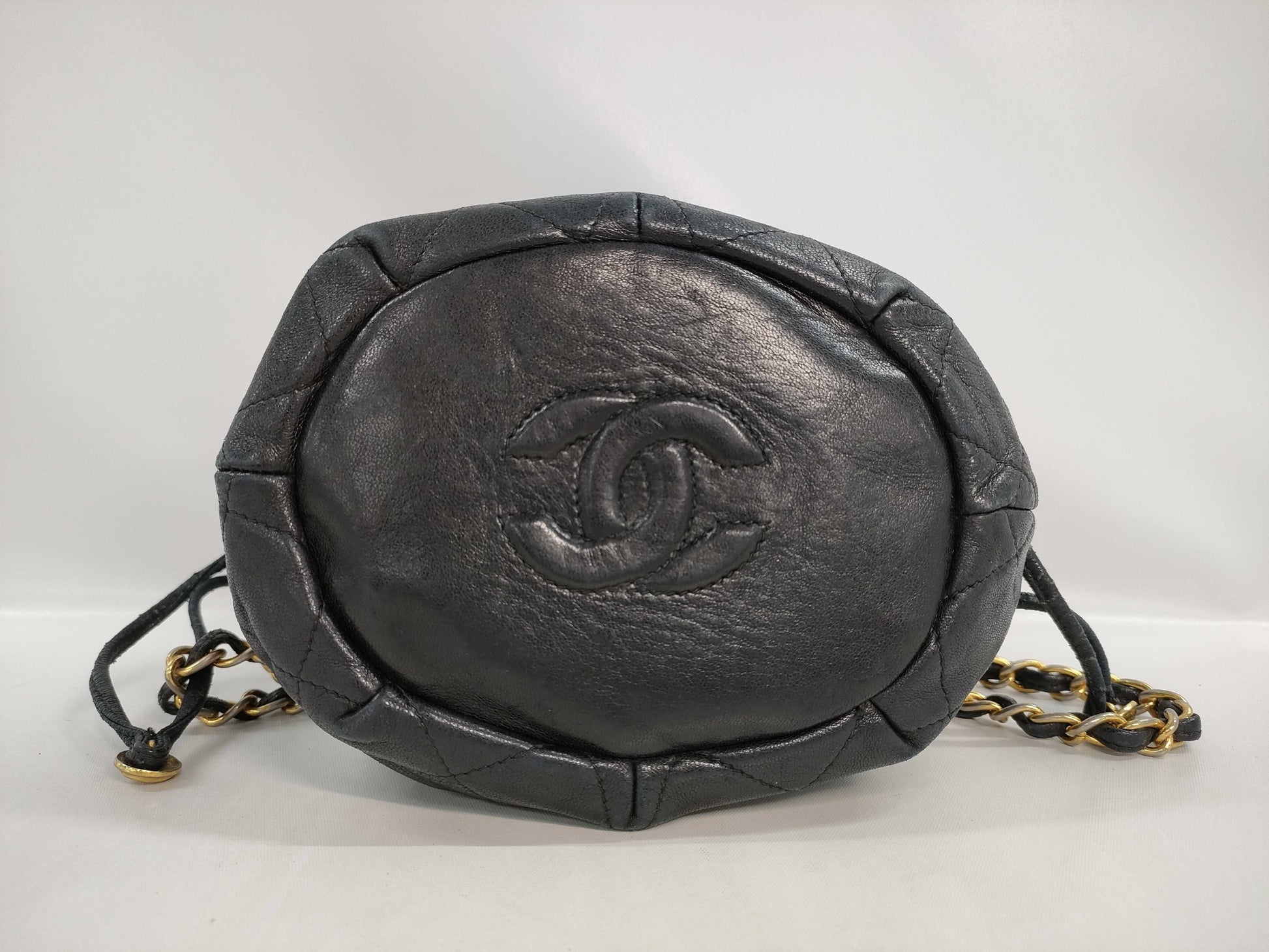 CHANEL Lamb Drawstring Pouch Chain Shoulder Bag Black 0753387
