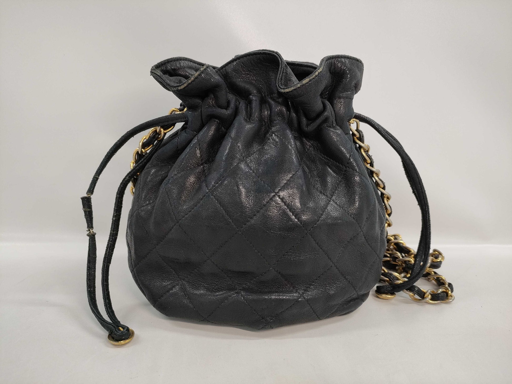 CHANEL Lamb Drawstring Pouch Chain Shoulder Bag Black 0753387