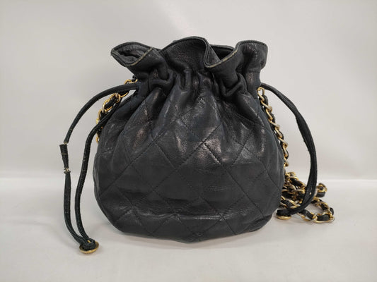 CHANEL Lamb Drawstring Pouch Chain Shoulder Bag Black 0753387