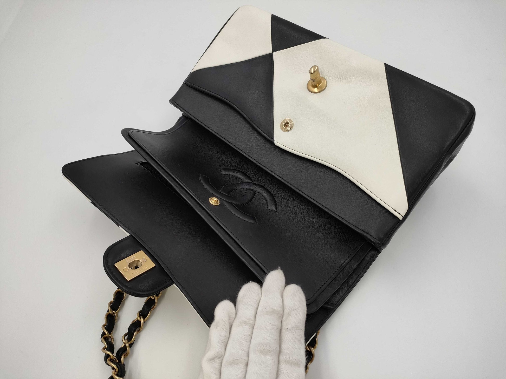 CHANEL W-Flap Two-Tone Calfskin Black and White GP Shoulder Bag