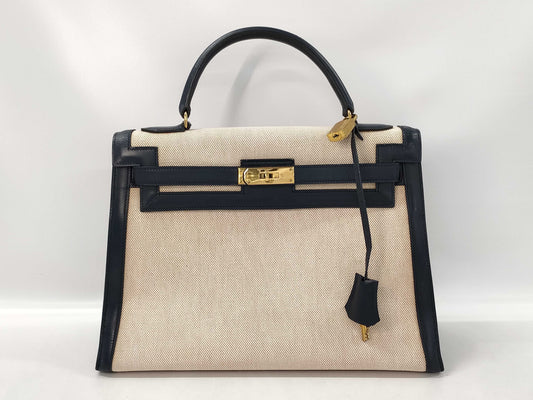 HERMES Kelly 32 Toile H Handbag