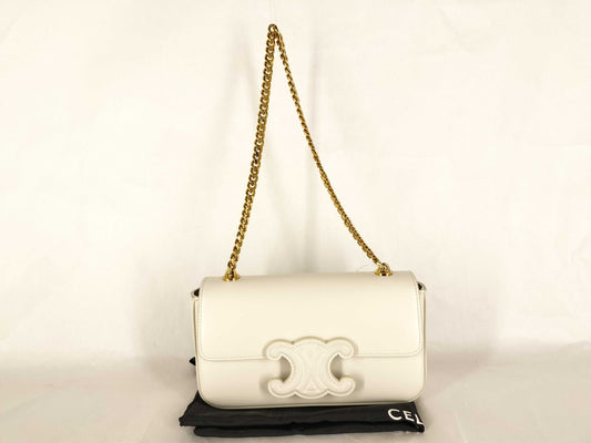 CELINE Triomphe Cuir Chain Shoulder Bag White