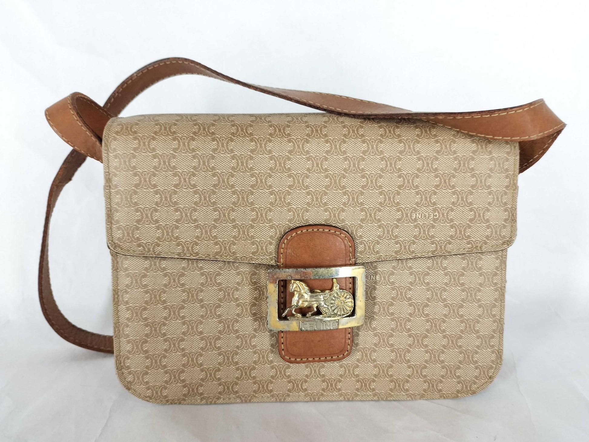 CELINE Macadam Carriage Hardware Shoulder Bag Beige