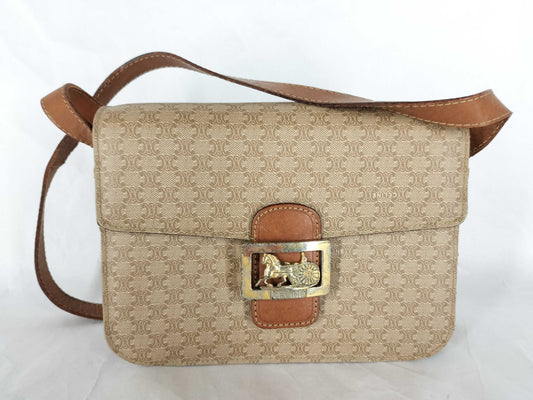 CELINE Macadam Carriage Hardware Shoulder Bag Beige