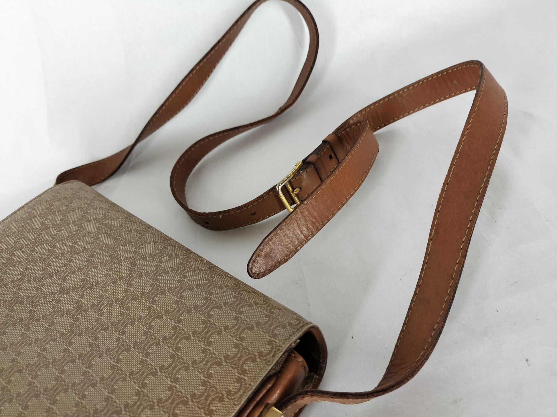 CELINE Macadam Carriage Hardware Shoulder Bag Beige