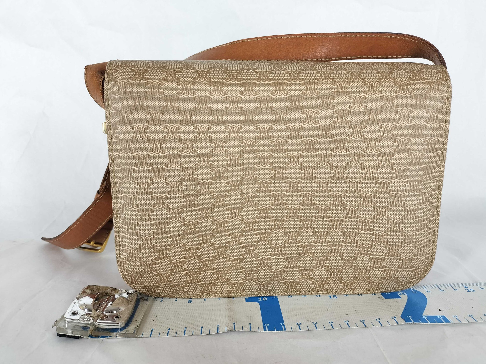 CELINE Macadam Carriage Hardware Shoulder Bag Beige