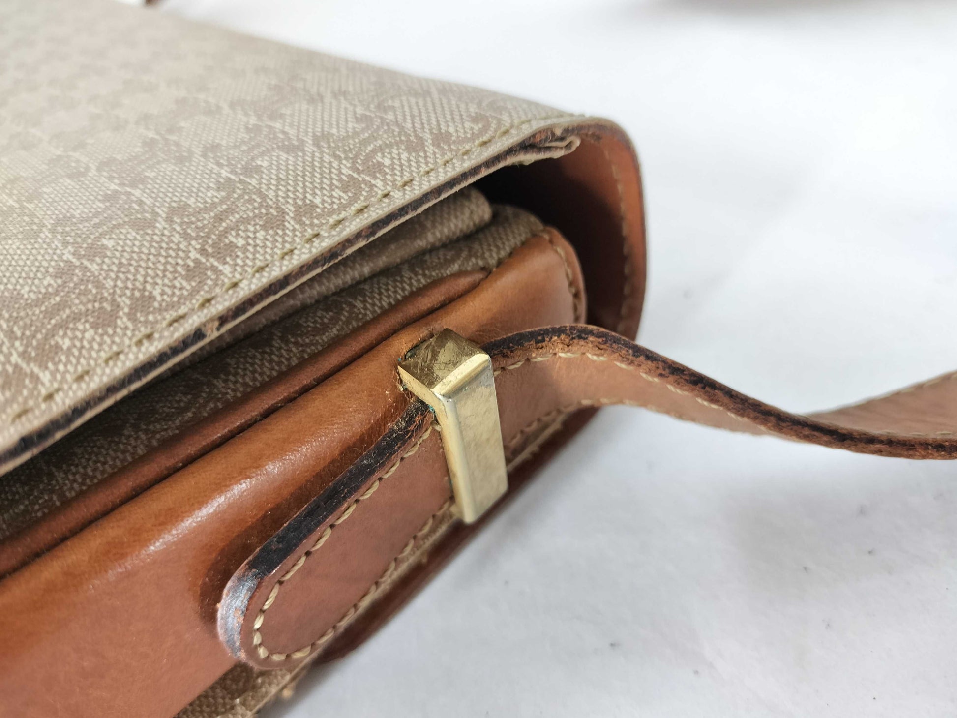CELINE Macadam Carriage Hardware Shoulder Bag Beige