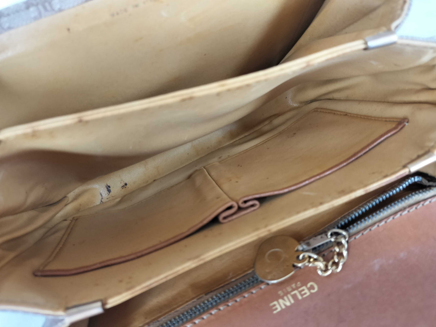 CELINE Macadam Carriage Hardware Shoulder Bag Beige