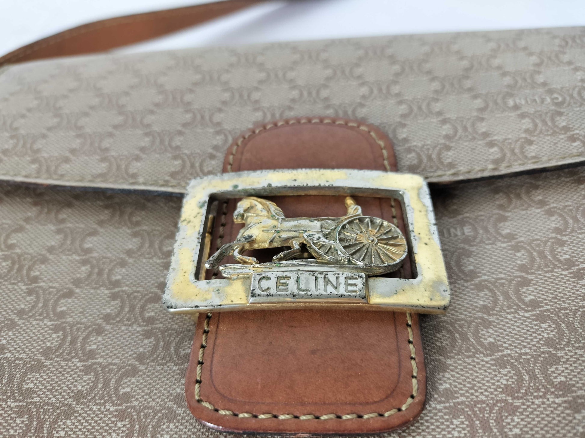 CELINE Macadam Carriage Hardware Shoulder Bag Beige