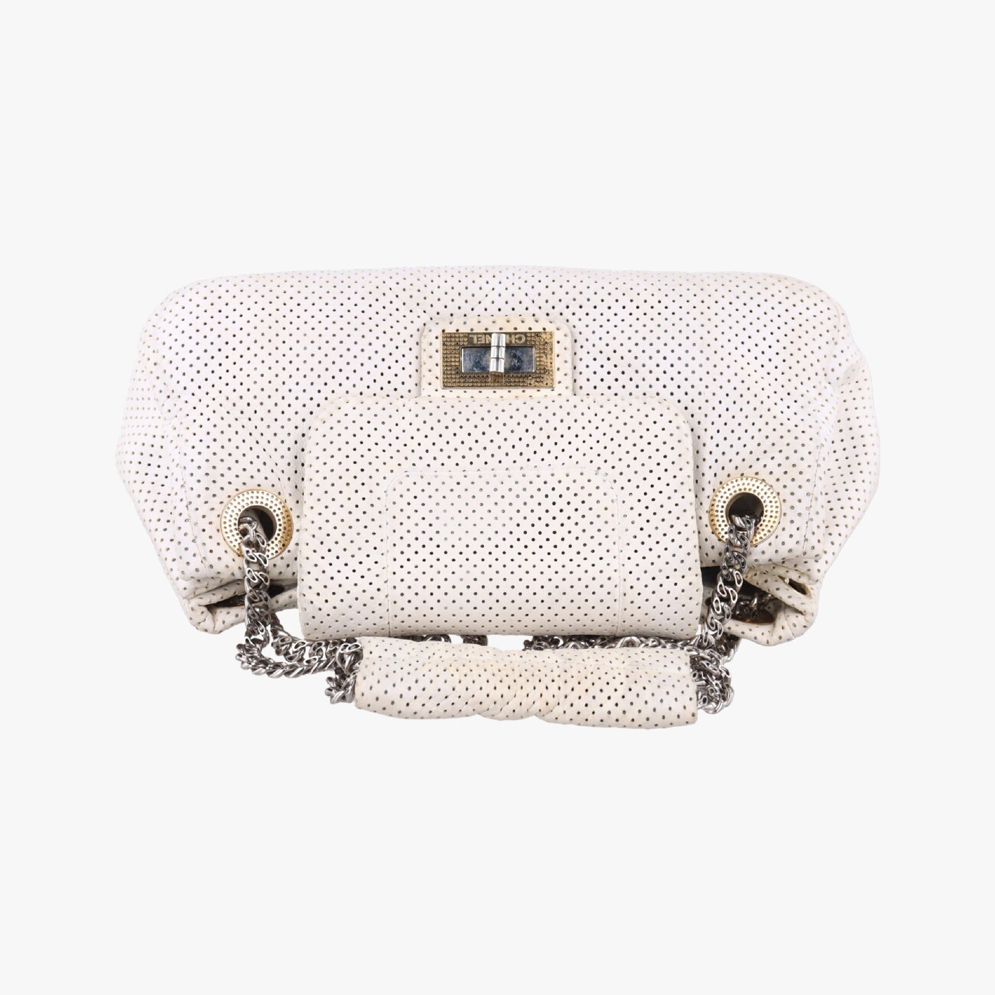 CHANEL 2.55 Perforated White Lambskin Shoulder Bag A3756112074055