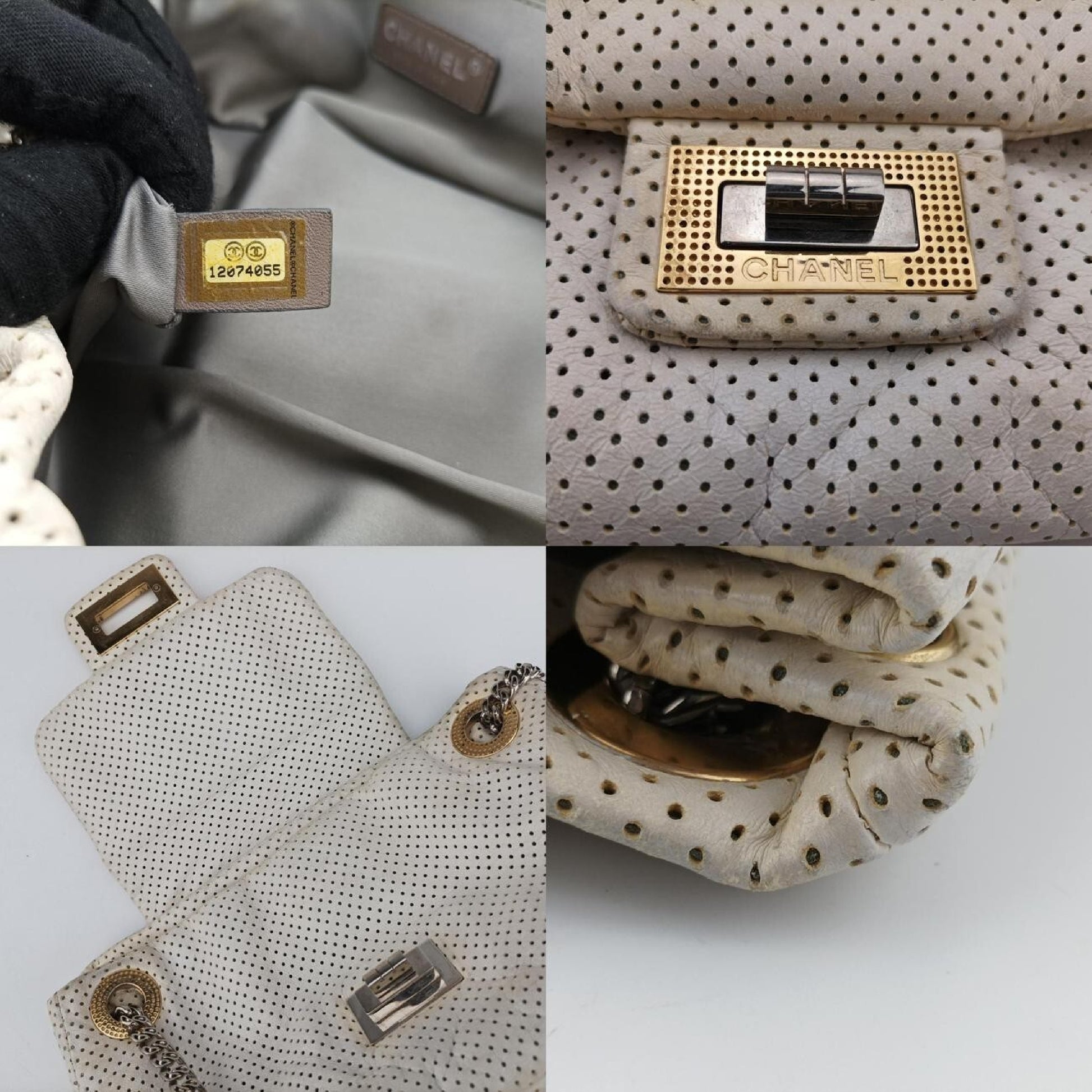 CHANEL 2.55 Perforated White Lambskin Shoulder Bag A3756112074055