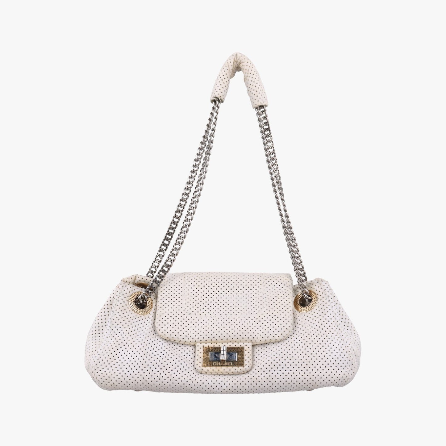 CHANEL 2.55 Perforated White Lambskin Shoulder Bag A3756112074055