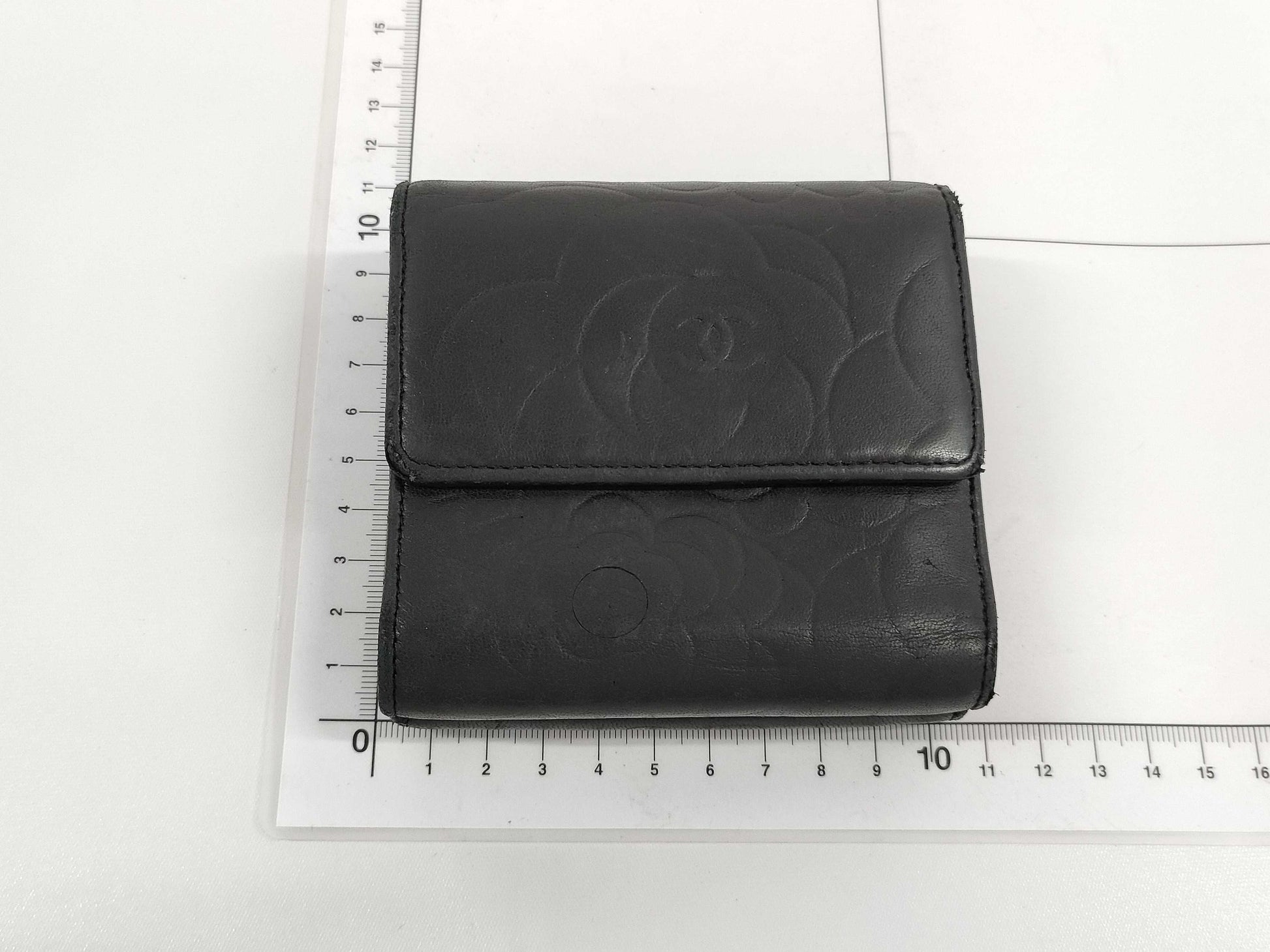 CHANEL Camellia Coco Mark Black Leather Compact Wallet