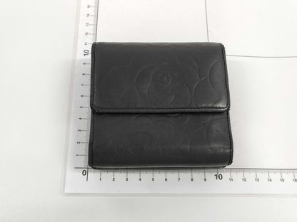 CHANEL Camellia Coco Mark Black Leather Compact Wallet