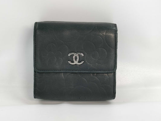CHANEL Camellia Coco Mark Black Leather Compact Wallet