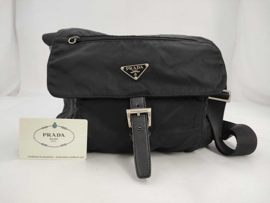 PRADA Prada Triangle Plaque Logo Black Nylon and Leather Shoulder Bag