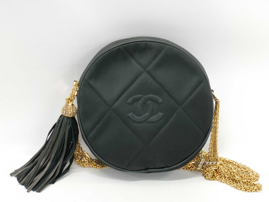 CHANEL Satin Matelasse Chain Shoulder Bag with Rhinestone Fringe