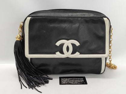 CHANEL Fringe Chain Shoulder Bag Leather Black/White Shoulder Bag