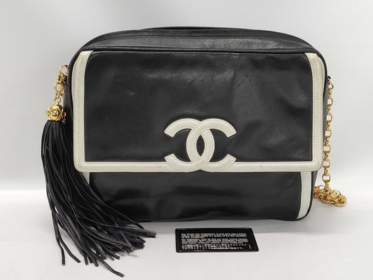 CHANEL Fringe Chain Shoulder Bag Leather Black/White Shoulder Bag