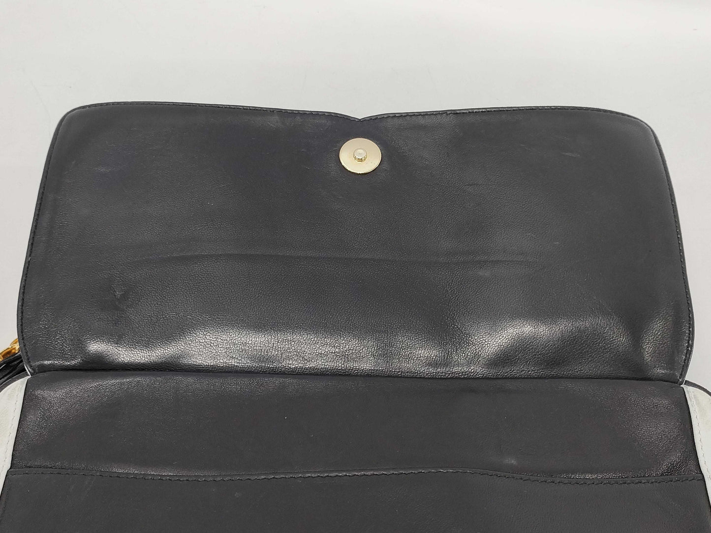 CHANEL Fringe Chain Shoulder Bag Leather Black/White Shoulder Bag