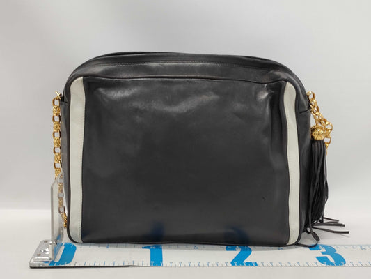 CHANEL Fringe Chain Shoulder Bag Leather Black/White Shoulder Bag