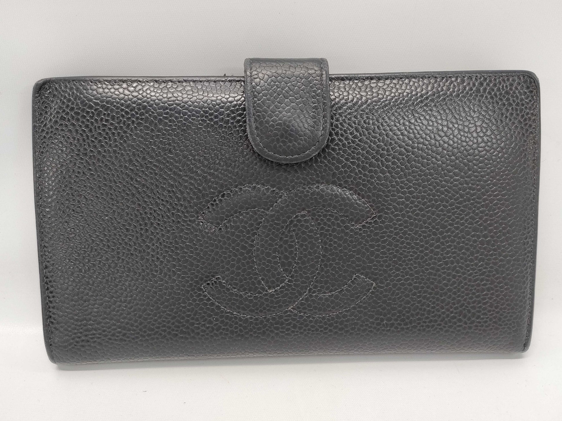 CHANEL Caviar Leather Bi-fold Wallet with Hook and Snap Closure, Black