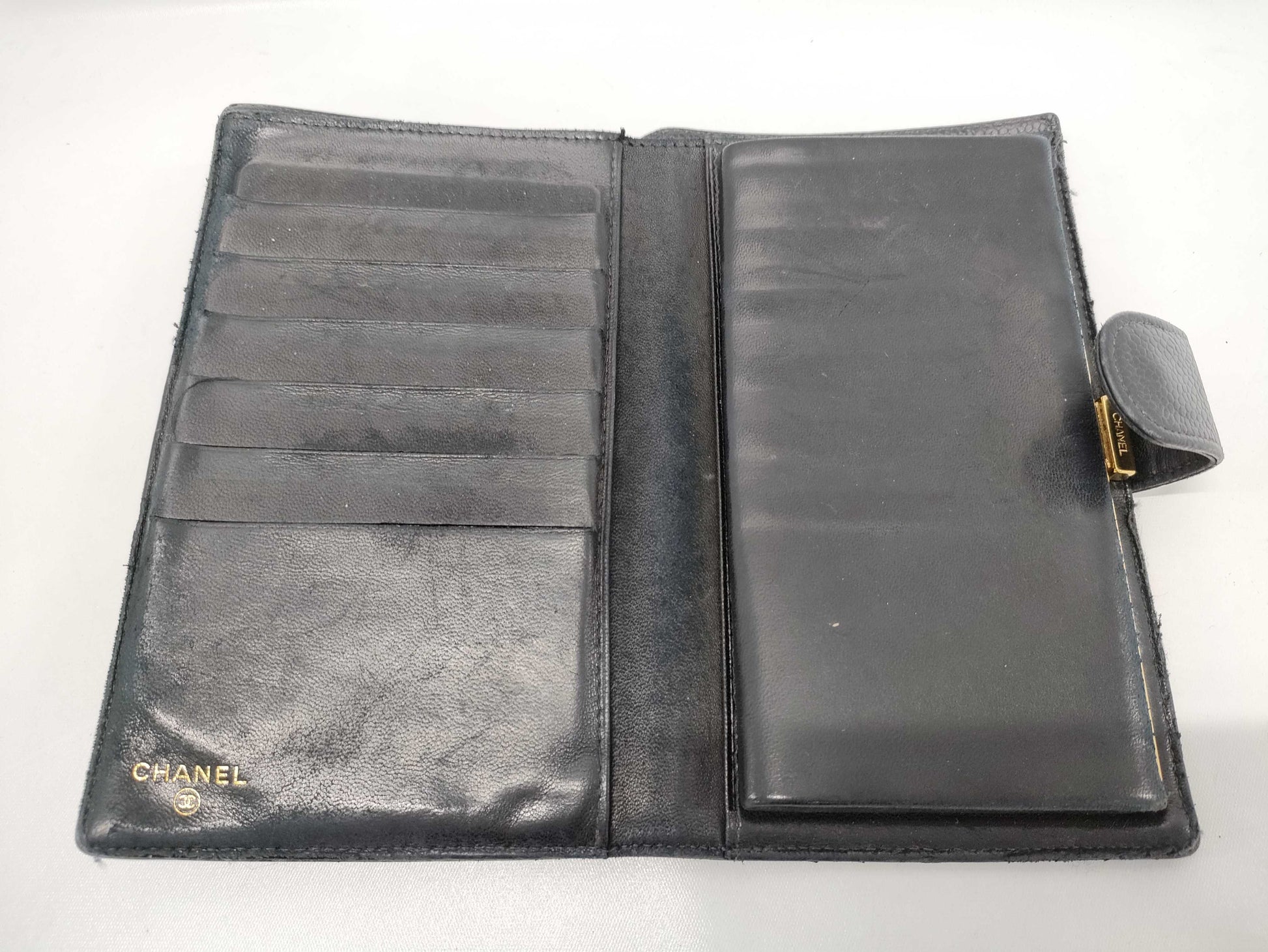 CHANEL Caviar Leather Bi-fold Wallet with Hook and Snap Closure, Black
