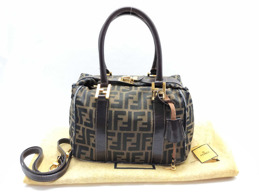 FENDI Zucca Canvas 2-Way Handbag Khaki x Black