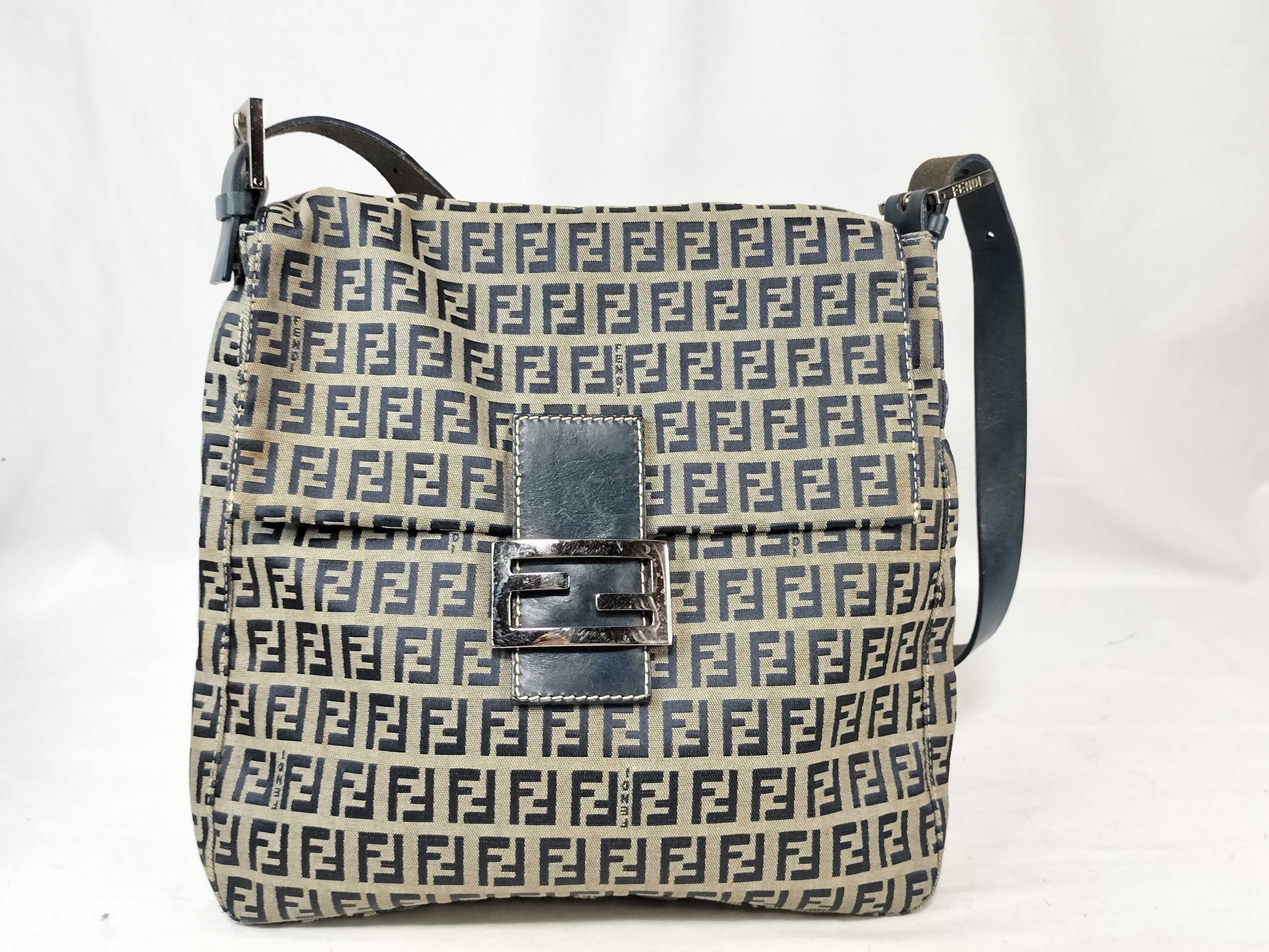 FENDI Zucchino Canvas and Leather One-Shoulder Bag Beige and Navy