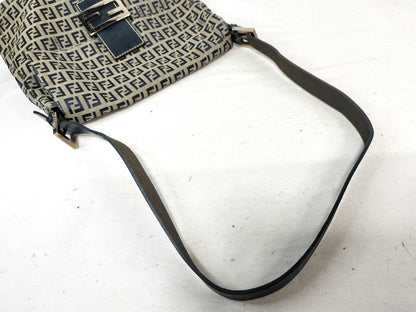 FENDI Zucchino Canvas and Leather One-Shoulder Bag Beige and Navy