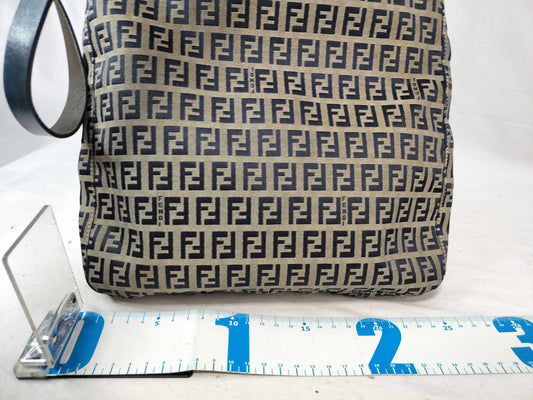FENDI Zucchino Canvas and Leather One-Shoulder Bag Beige and Navy