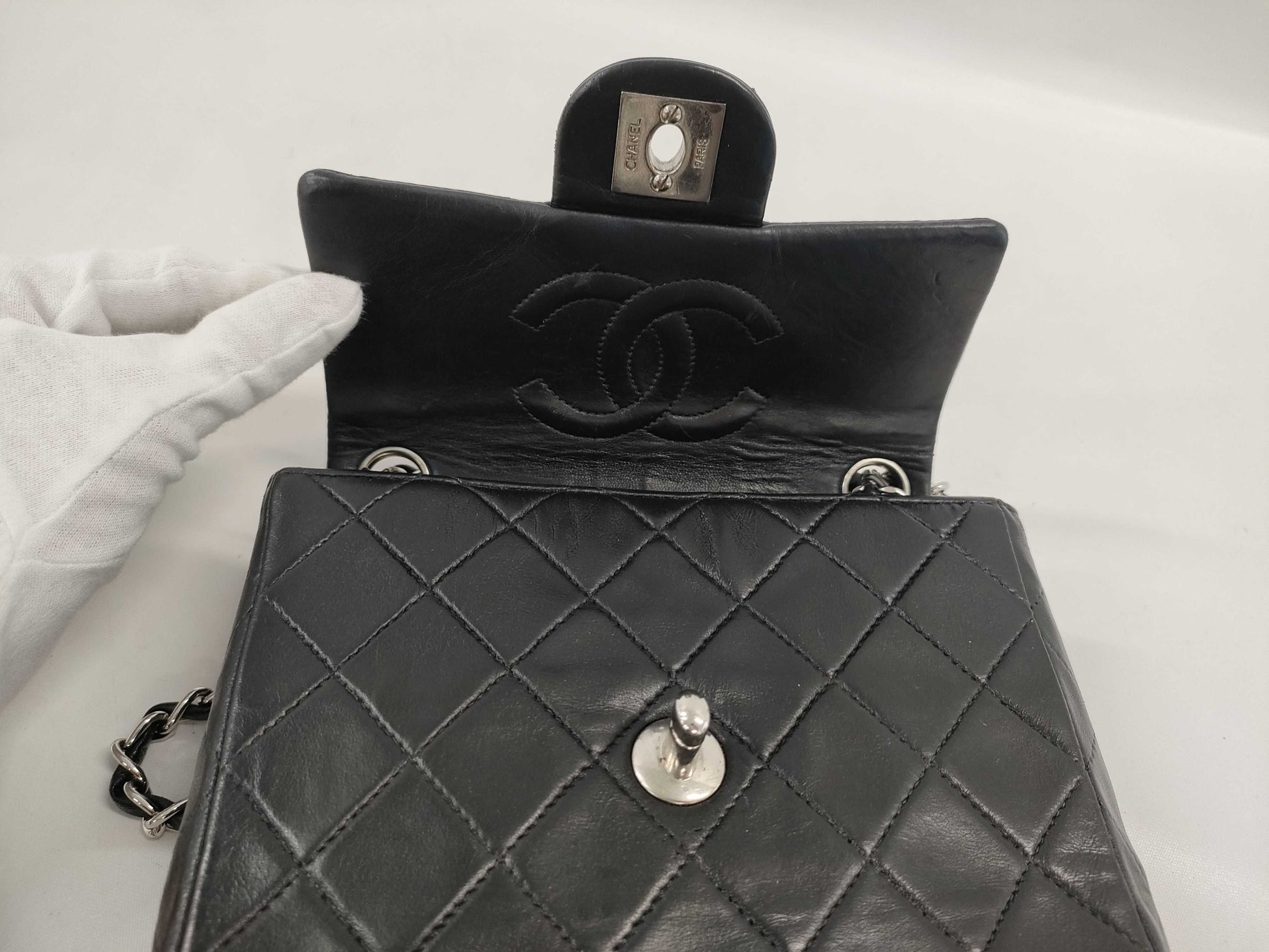 CHANEL Mini Matelasse Chain Shoulder Bag with Silver Hardware and Lambskin in Black