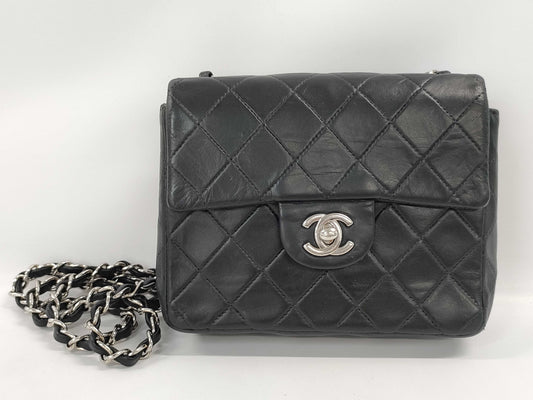 CHANEL Mini Matelasse Chain Shoulder Bag with Silver Hardware and Lambskin in Black