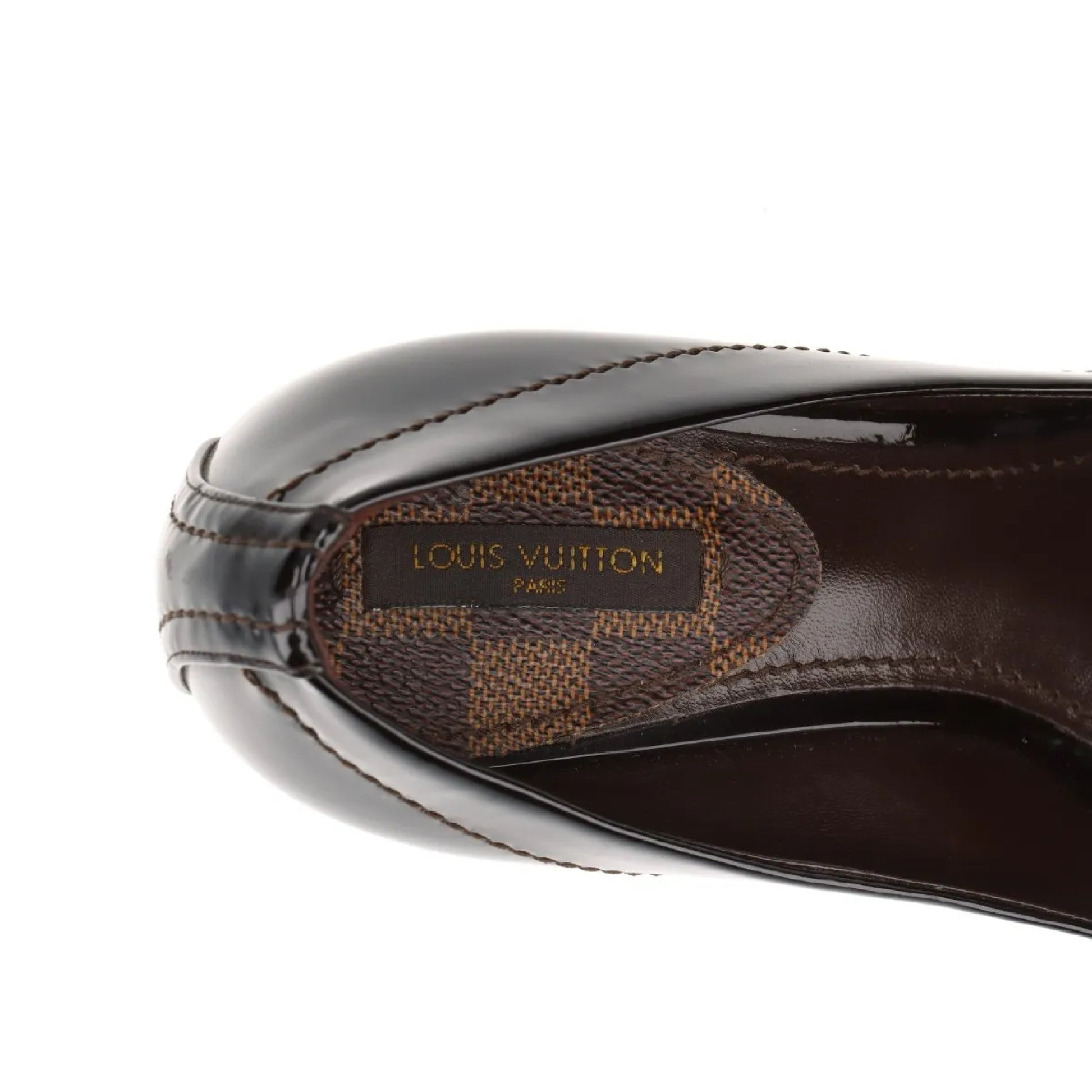 LOUIS VUITTON Patent Leather Open-Toe Pumps, Size 35.5, SC0181, Damier Cube, Box Included