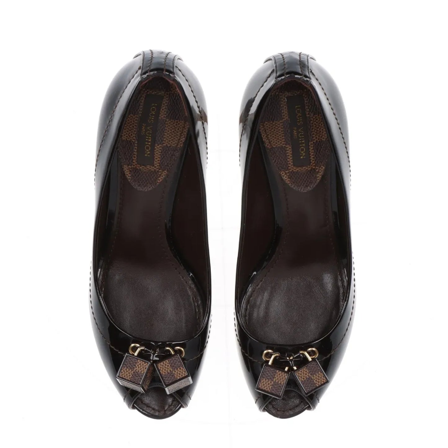 LOUIS VUITTON Patent Leather Open-Toe Pumps, Size 35.5, SC0181, Damier Cube, Box Included