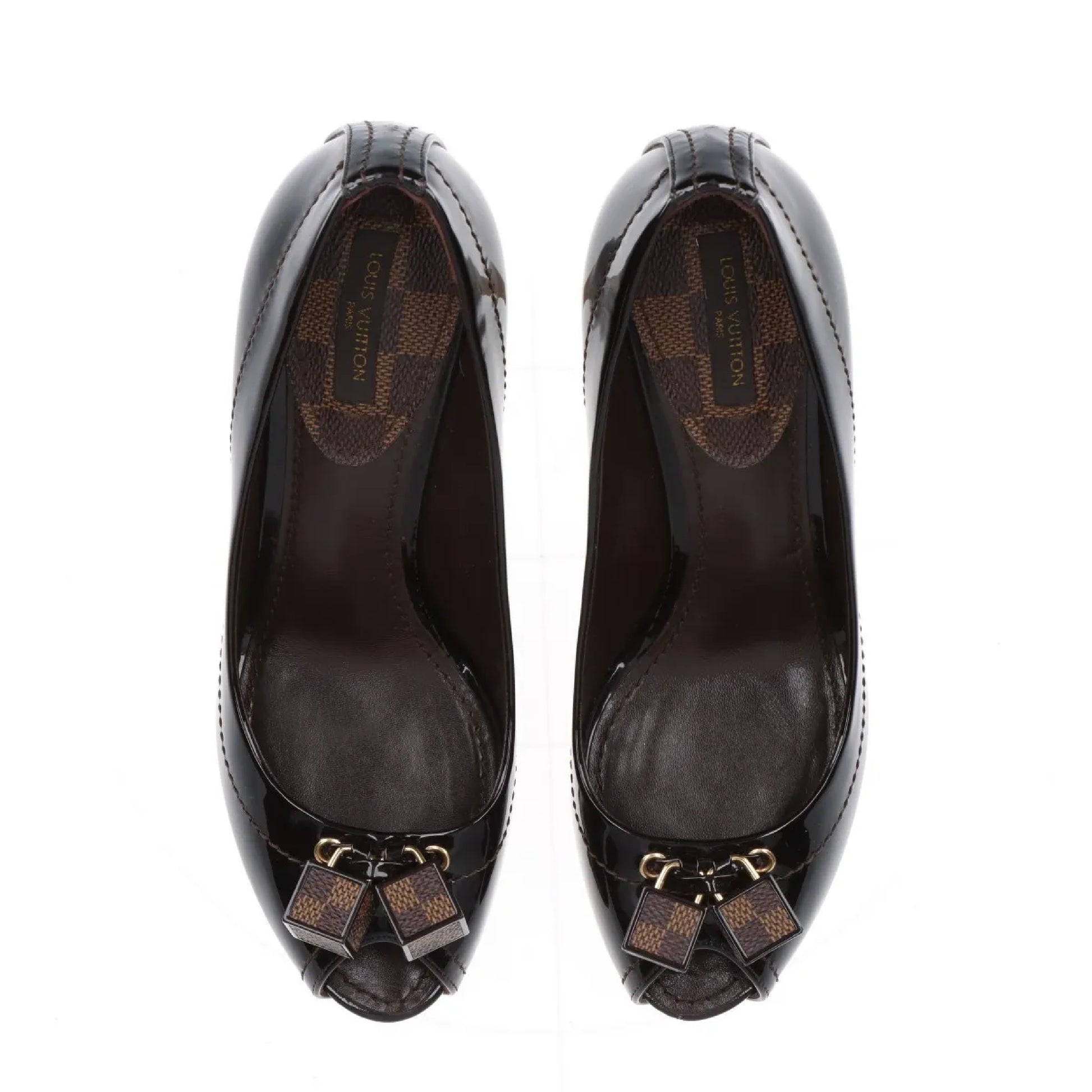 LOUIS VUITTON Patent Leather Open-Toe Pumps, Size 35.5, SC0181, Damier Cube, Box Included