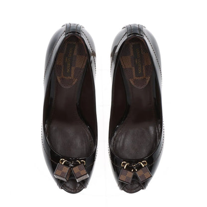 LOUIS VUITTON Patent Leather Open-Toe Pumps, Size 35.5, SC0181, Damier Cube, Box Included