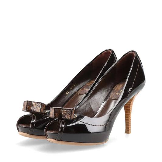 LOUIS VUITTON Patent Leather Open-Toe Pumps, Size 35.5, SC0181, Damier Cube, Box Included