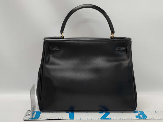 HERMES Kelly 28 Box Calf Leather Handbag with Inner Stitching and Black L Marking