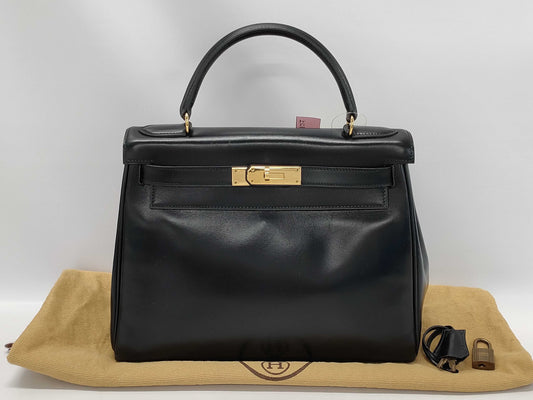 HERMES Kelly 28 Box Calf Leather Handbag with Inner Stitching and Black L Marking