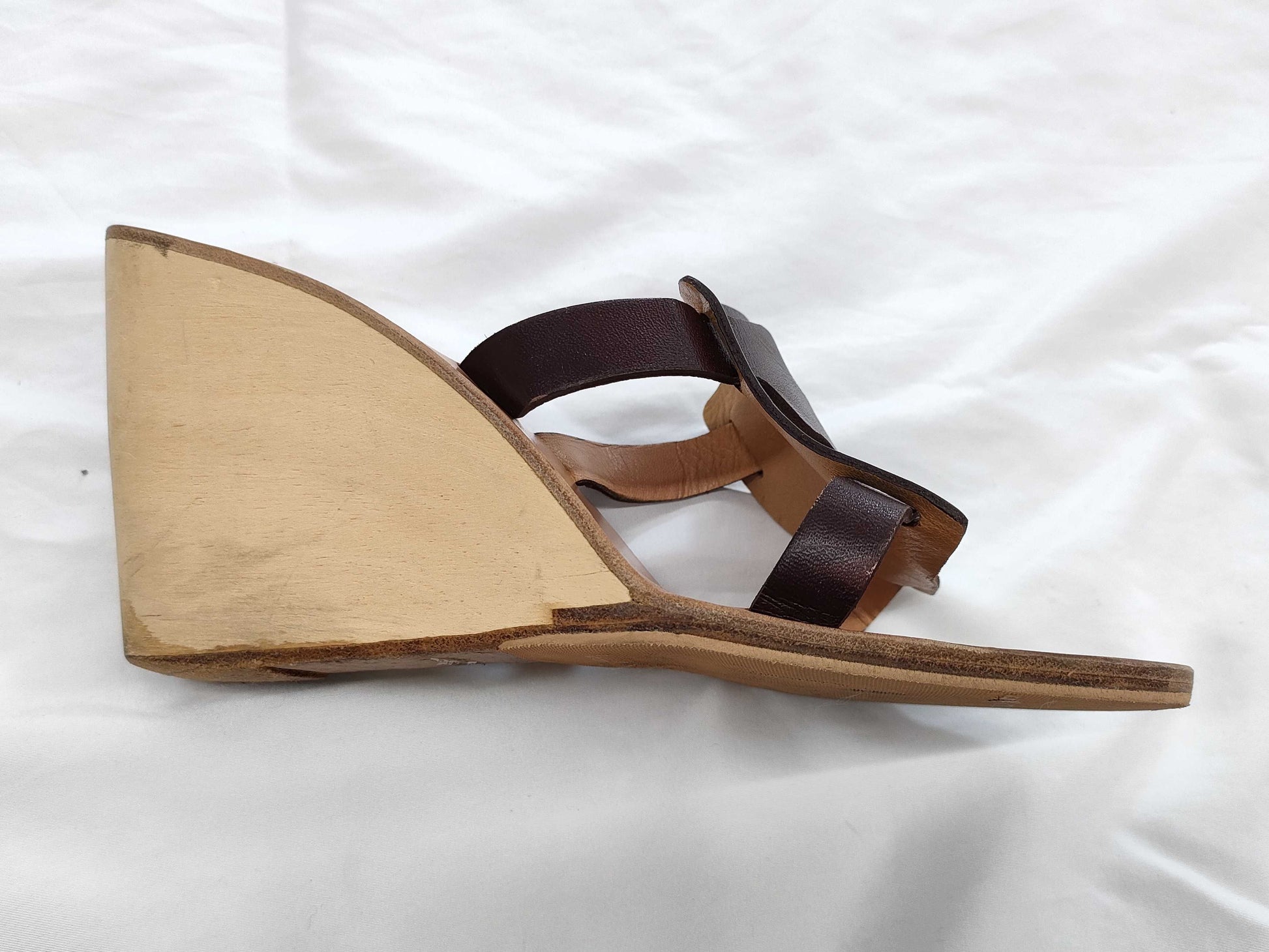HERMES H Leather Sandals with Wood Sole, Size 22 
