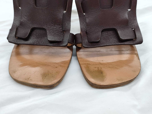 HERMES H Leather Sandals with Wood Sole, Size 22 