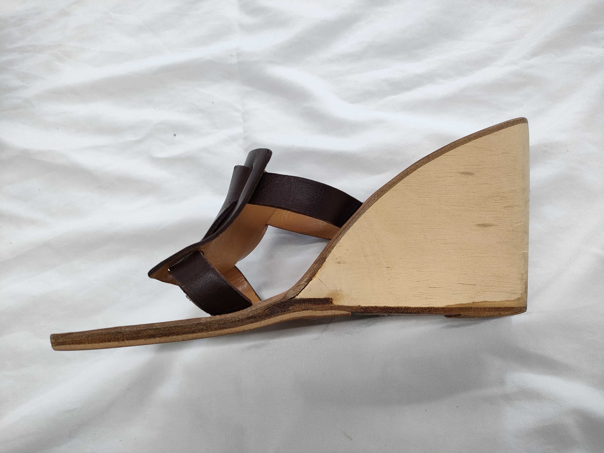 HERMES H Leather Sandals with Wood Sole, Size 22 