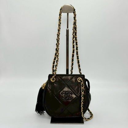CHANEL Matelasse Lambskin Fringed Chain Shoulder Bag, Black, No Serial Number Seal