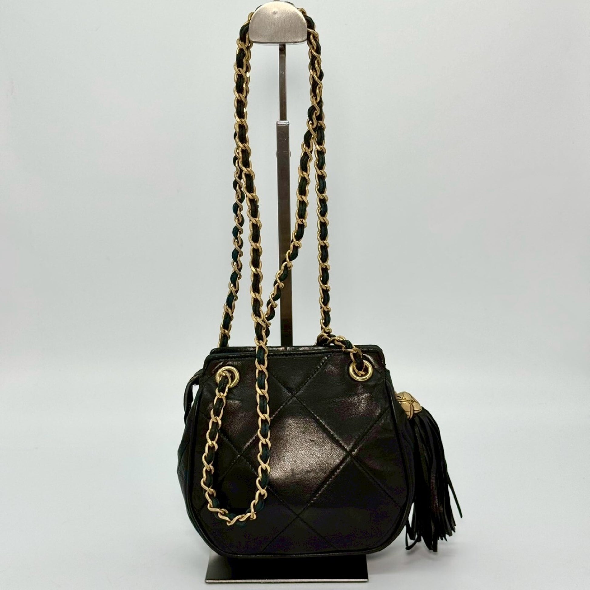 CHANEL Matelasse Lambskin Fringed Chain Shoulder Bag, Black, No Serial Number Seal