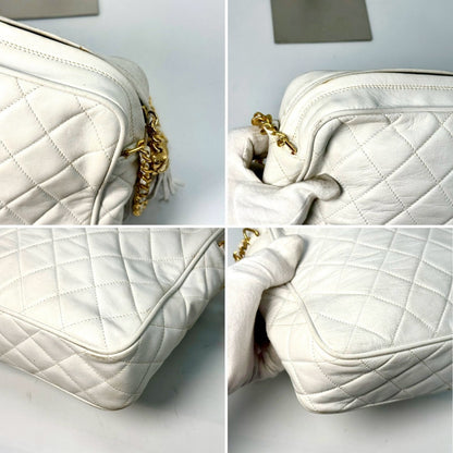 CHANEL Matelasse Lambskin Coco Mark Fringed Chain Shoulder Bag White No Serial Number Seal Shoulder Bag
