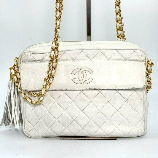 CHANEL Matelasse Lambskin Coco Mark Fringed Chain Shoulder Bag White No Serial Number Seal Shoulder Bag