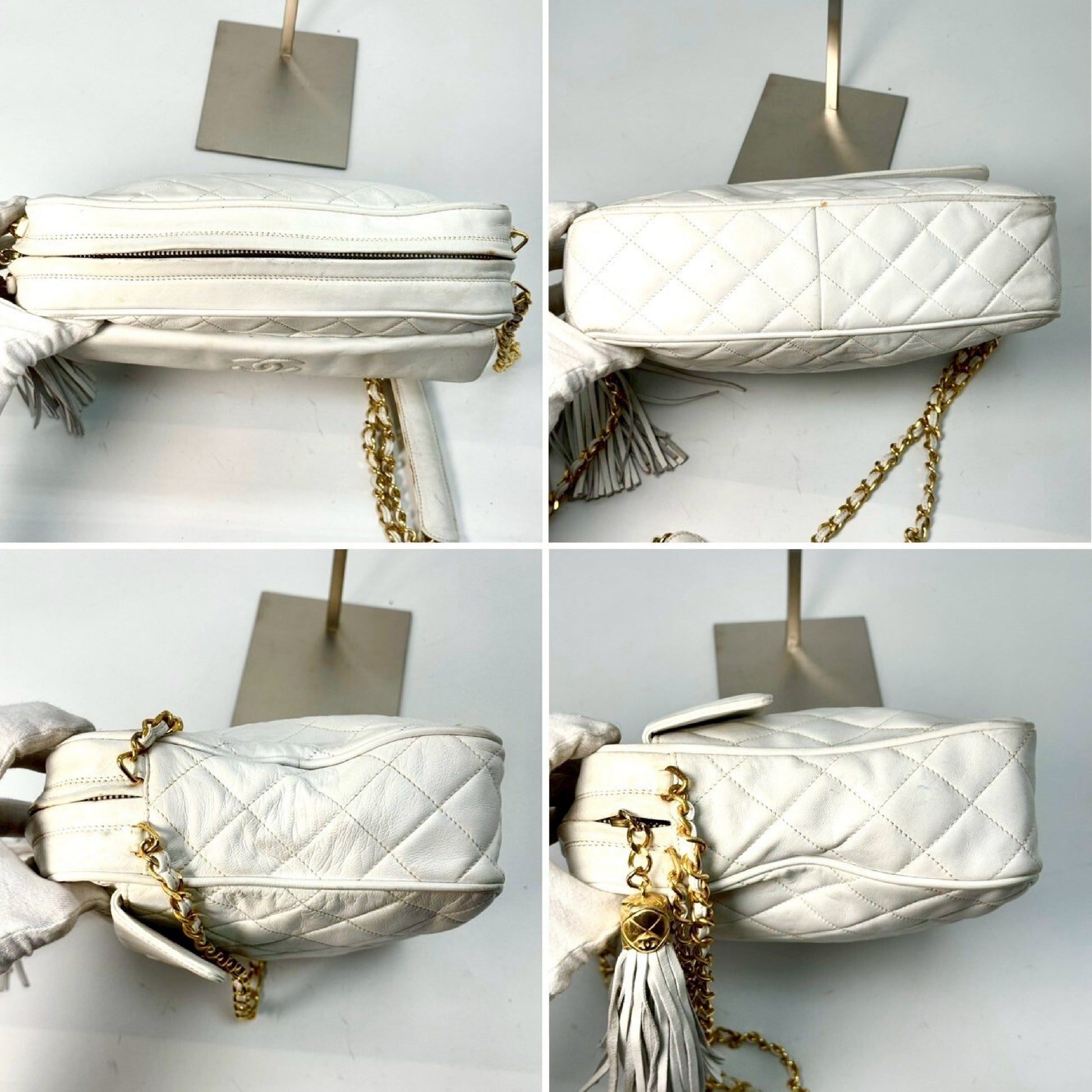 CHANEL Matelasse Lambskin Coco Mark Fringed Chain Shoulder Bag White No Serial Number Seal Shoulder Bag
