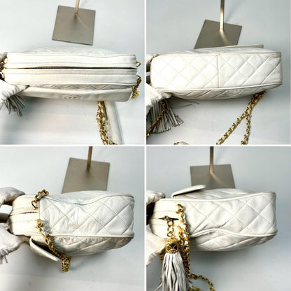 CHANEL Matelasse Lambskin Coco Mark Fringed Chain Shoulder Bag White No Serial Number Seal Shoulder Bag