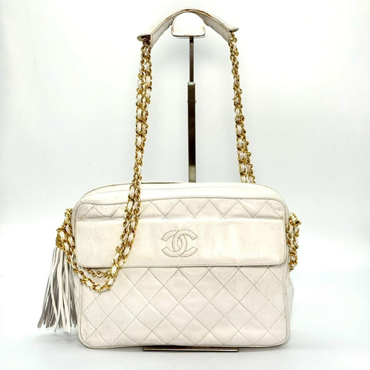 CHANEL Matelasse Lambskin Coco Mark Fringed Chain Shoulder Bag White No Serial Number Seal Shoulder Bag